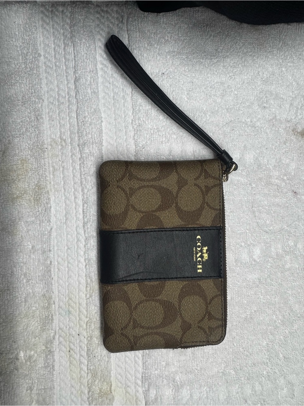 Coach Brown Signature Canvas Wristlet with Black Leather Strap